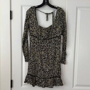 Free People Black and Cream Floral Long Sleeve Dress Sz 8